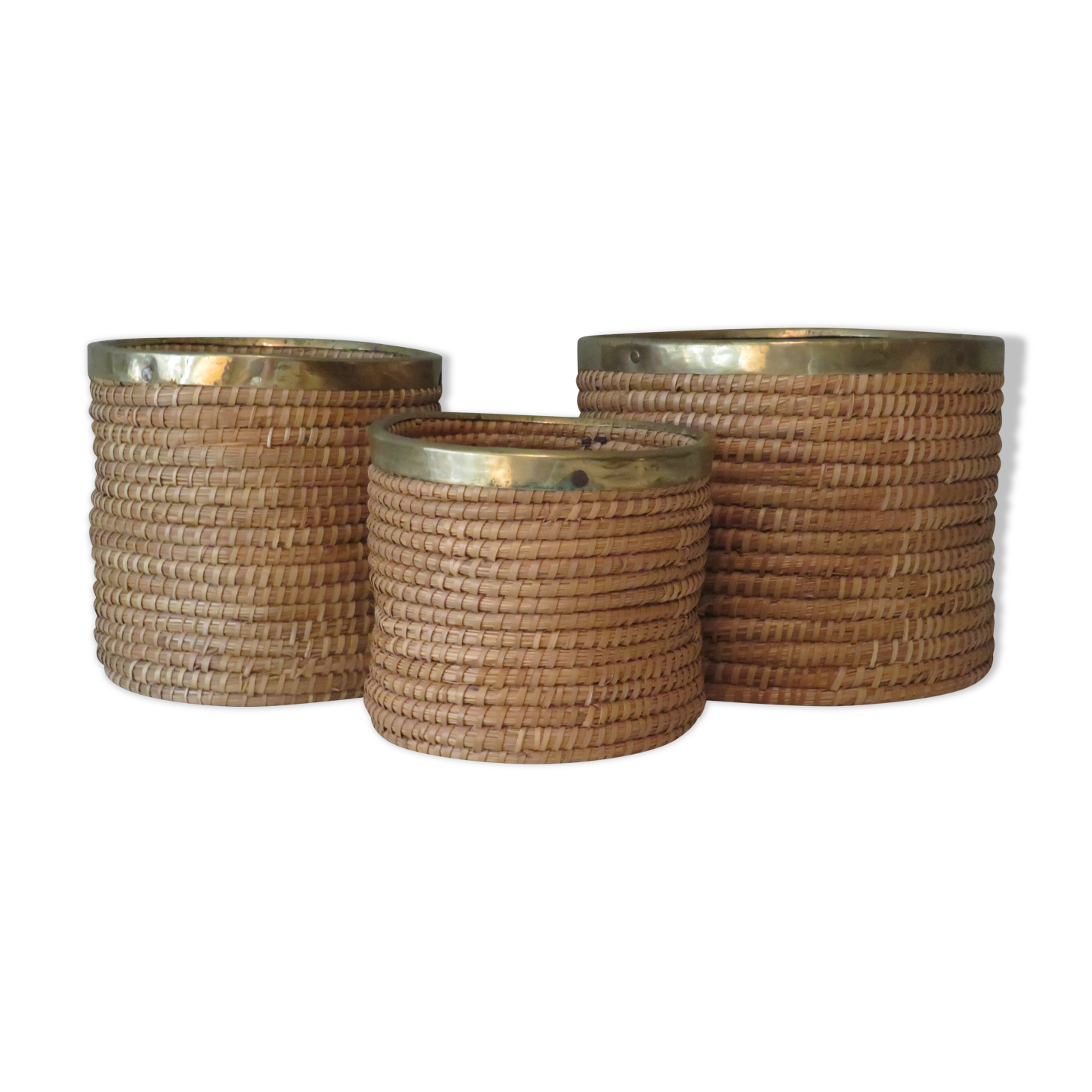 Ensemble de 3 cache-pots vintage en roseau et laiton, Italie 1970