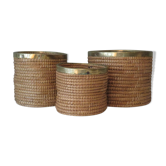 Ensemble de 3 cache-pots vintage en roseau et laiton, Italie 1970