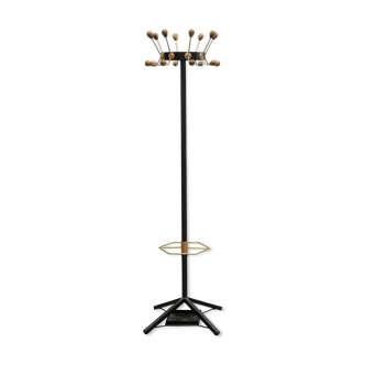 Vintage metal, wood and brass coat rack