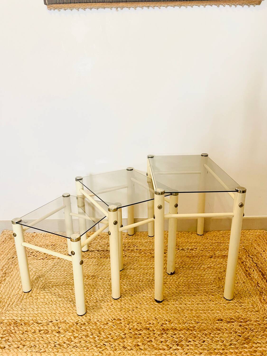 Glass nesting tables Yves Boutboul design 70s Signed