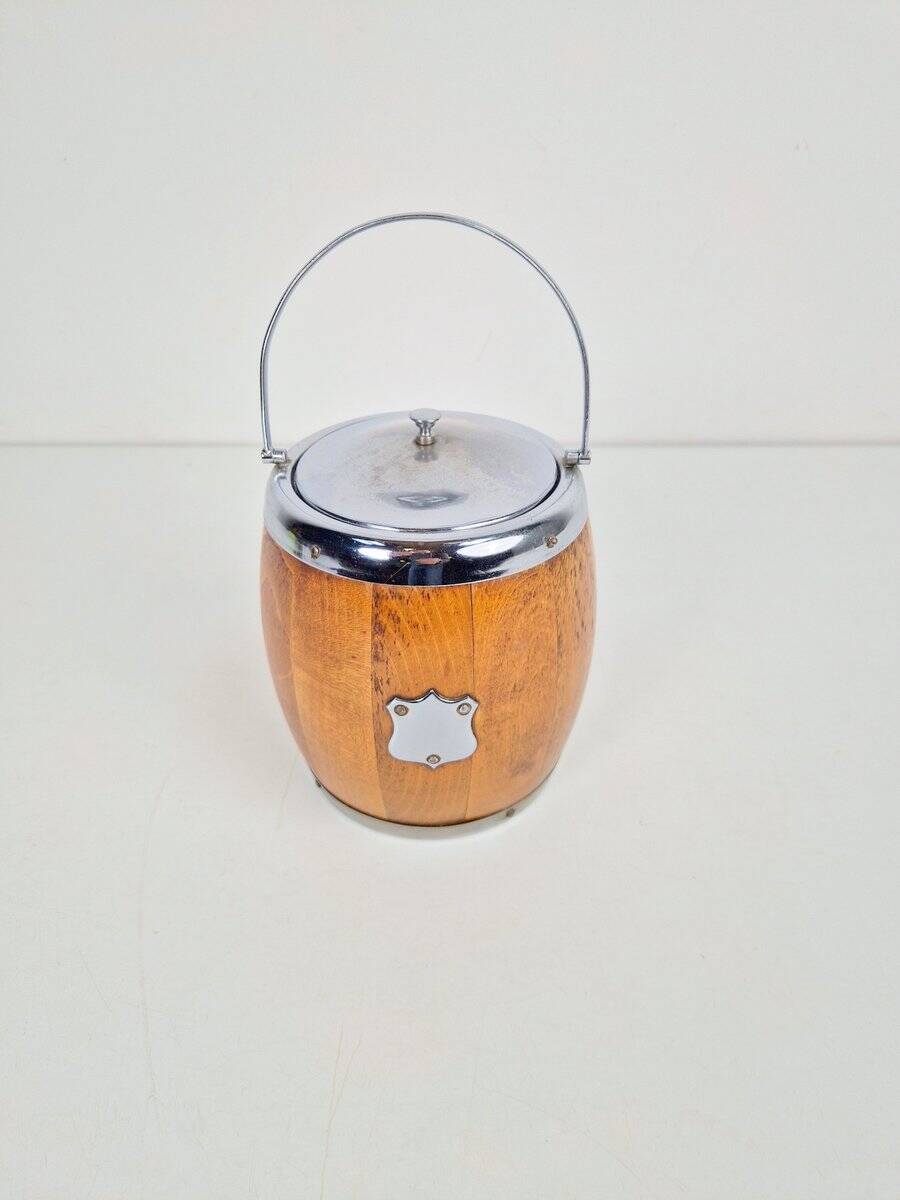 Vintage Wooden Barrel Ice Bucket with Ceramic Interior, 1960s