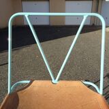 Pair of high bar stools leather and turquoise metal bar stools