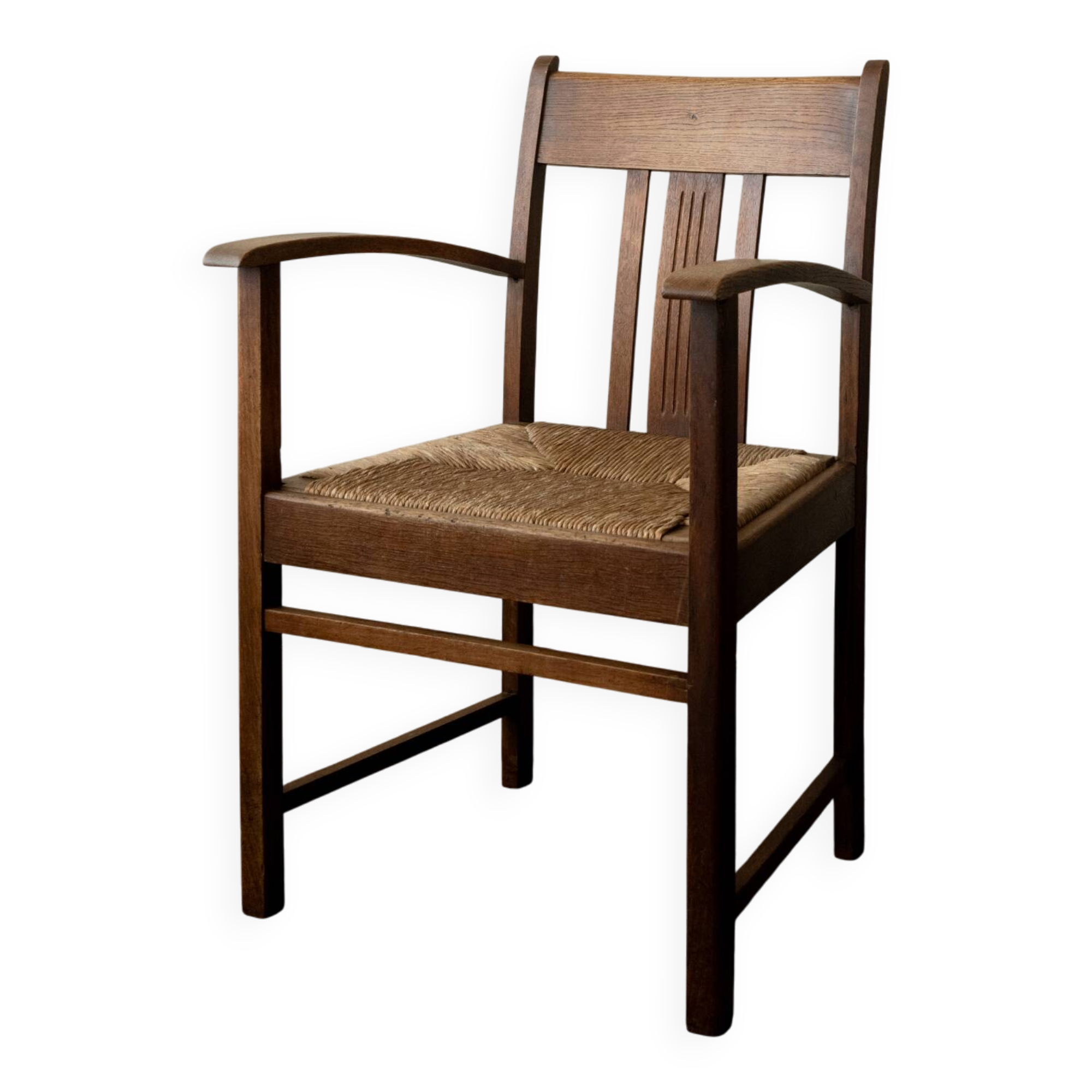 Dutch Art Deco Oak and Rush Armchair, Amsterdam School, 1920s