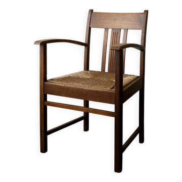 Fauteuil en chêne et paille Art Déco néerlandais, École d'Amsterdam, années 1920