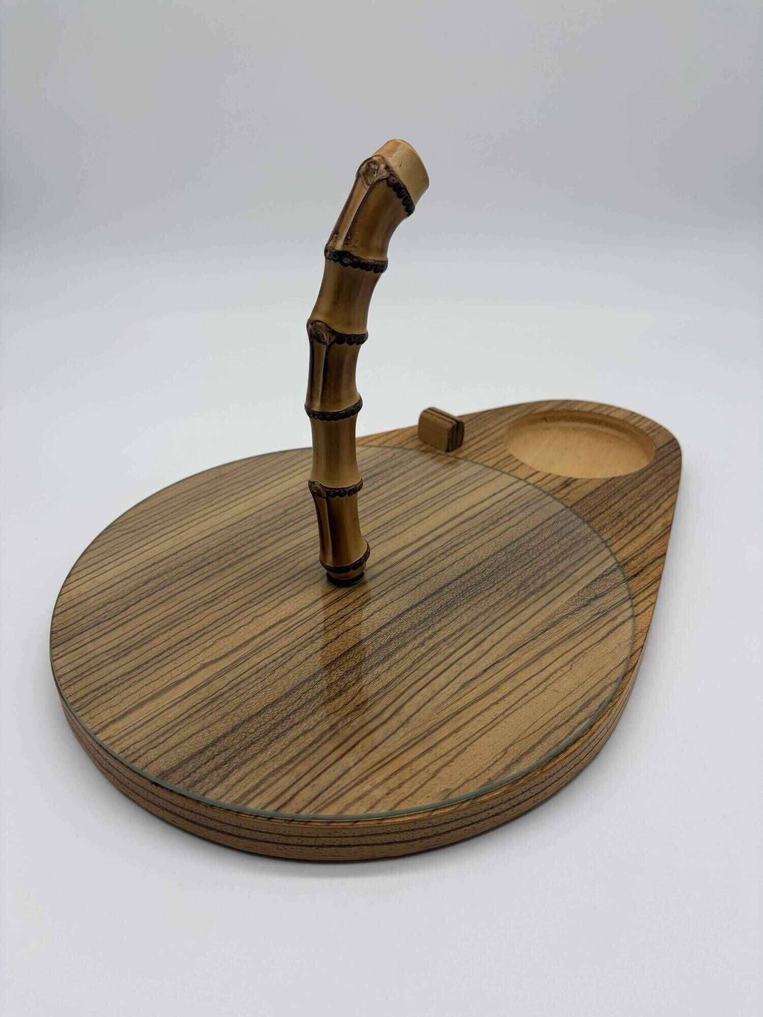 Vintage service tray wood, glass and bamboo – 1960s