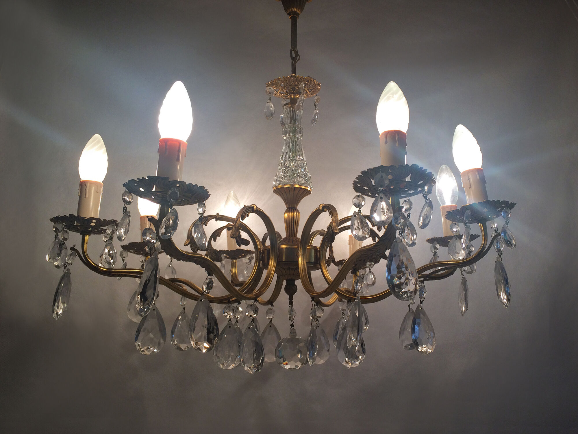 Old 8-branch brass chandelier and glass stamps
