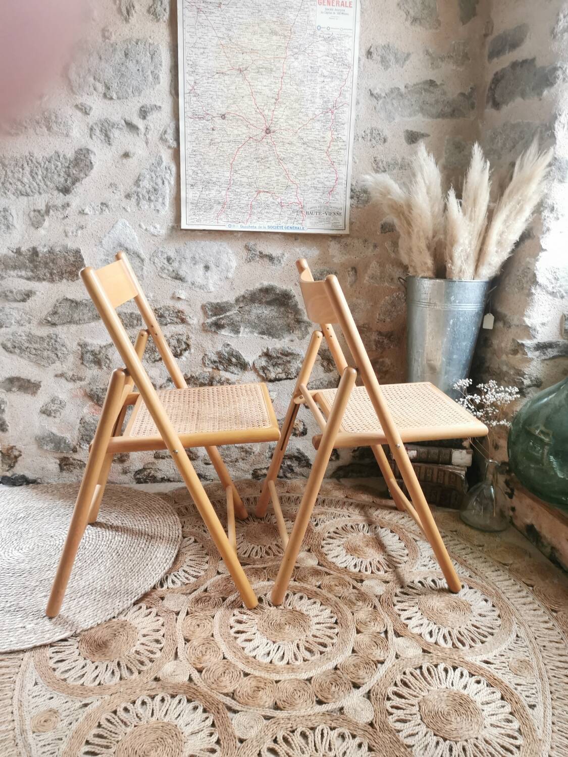 2 Vintage Folding Chairs, Beech and Rattan Canework