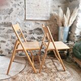 2 Vintage Folding Chairs, Beech and Rattan Canework