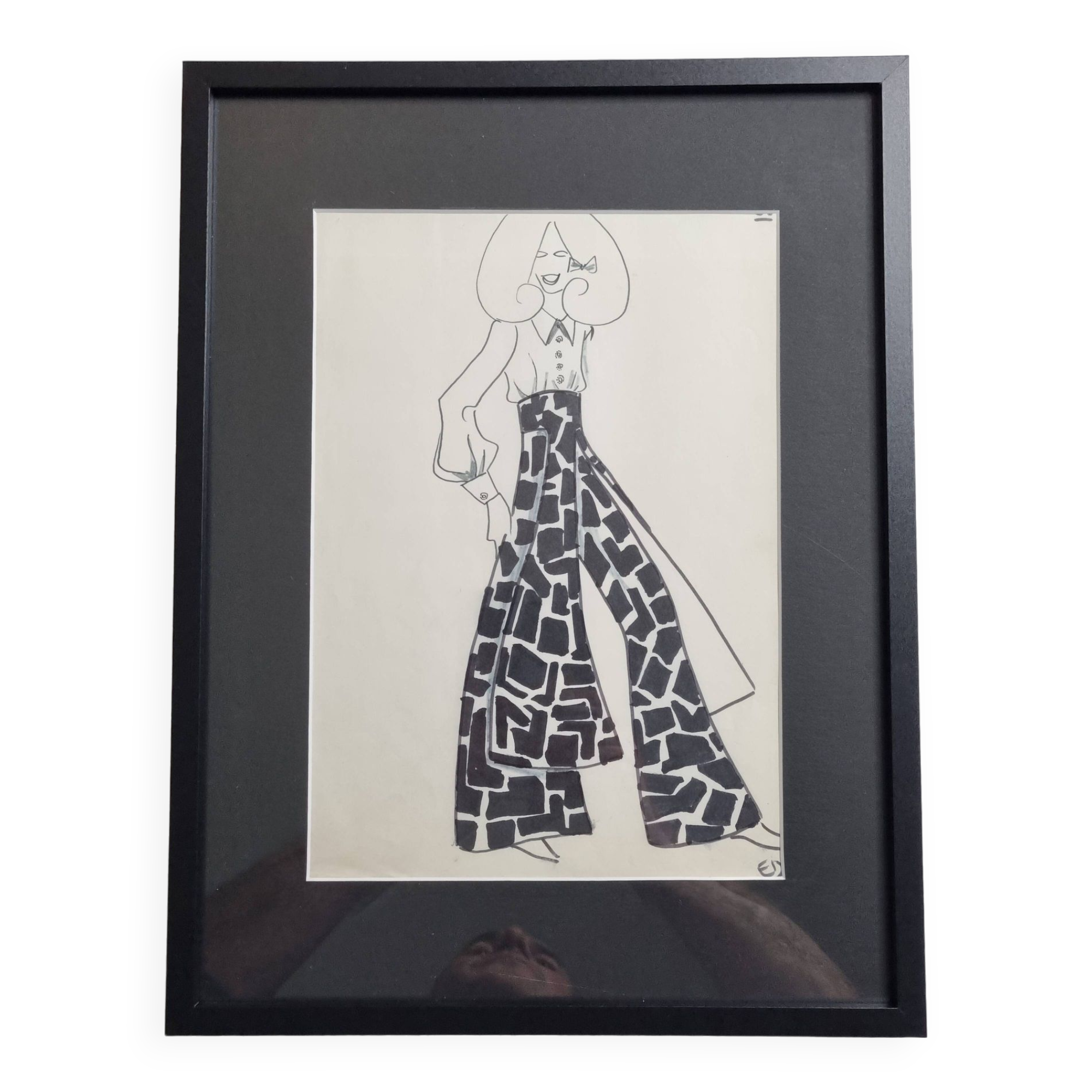Fashion sketch, original drawing, monogrammed by Jean Eden, 70s
