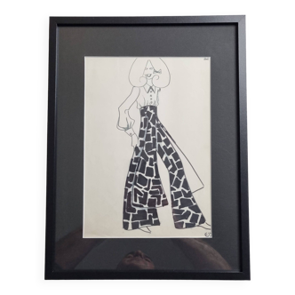 Fashion sketch, original drawing, monogrammed by Jean Eden, 70s