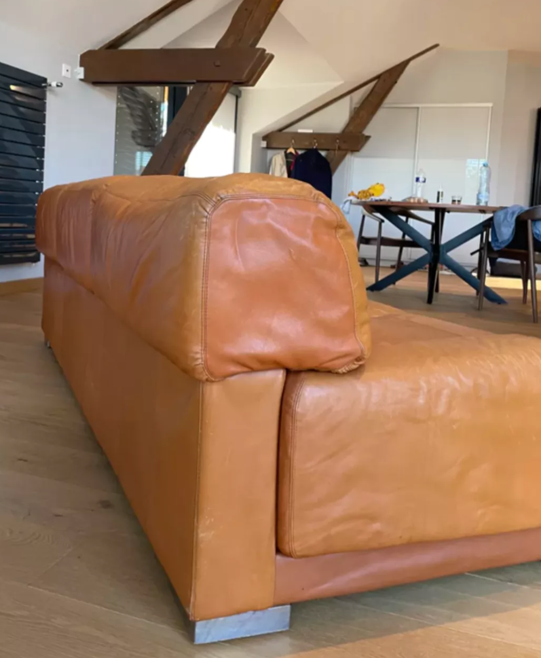 Vintage 3-seater sofa Gérard Guermonprez fawn and stainless steel leather, France 1970