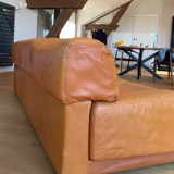 Vintage 3-seater sofa Gérard Guermonprez fawn and stainless steel leather, France 1970