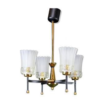 Mid-Century Black Brass and Glass Maison Arlus Four Light Chandelier, France