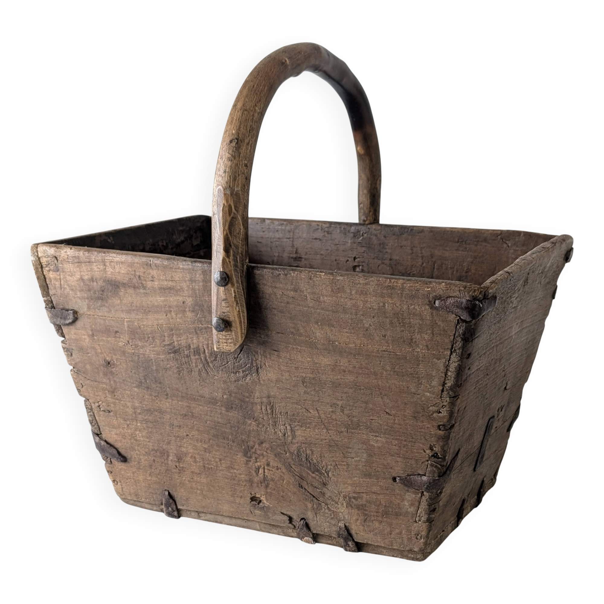 Antique wooden log basket with wrought iron fittings, Wabi-Sabi, 19th century