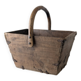 Antique wooden log basket with wrought iron fittings, Wabi-Sabi, 19th century