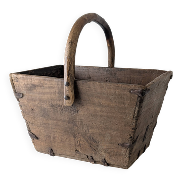 Panier en bois ancien avec ferrures en fer forgé, Wabi-Sabi, 19e siècle