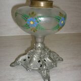 Painted oil lamp vase on pewter stand from the 19th century