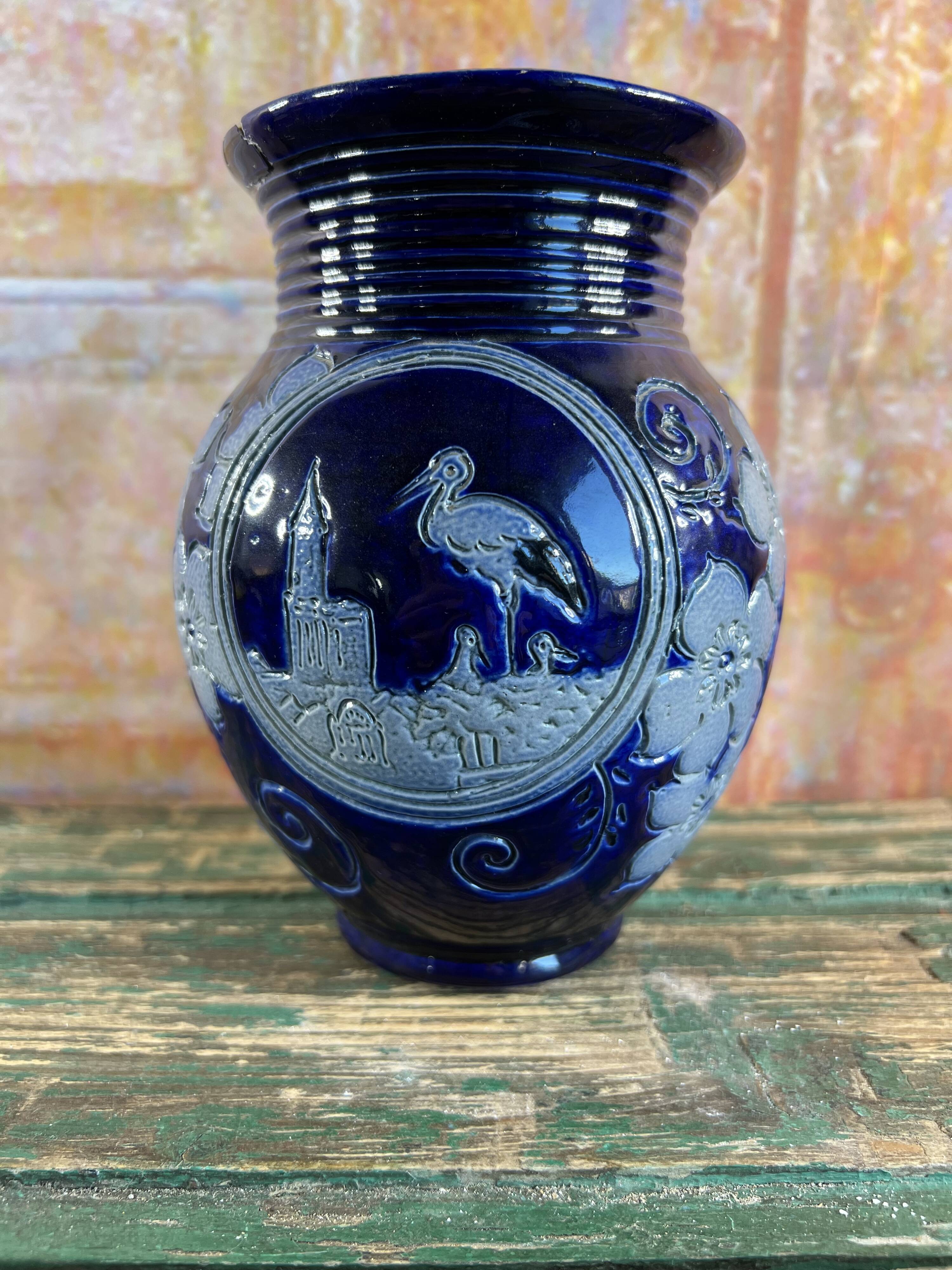 Antique Betschdorf stoneware vase Alsace stork decoration