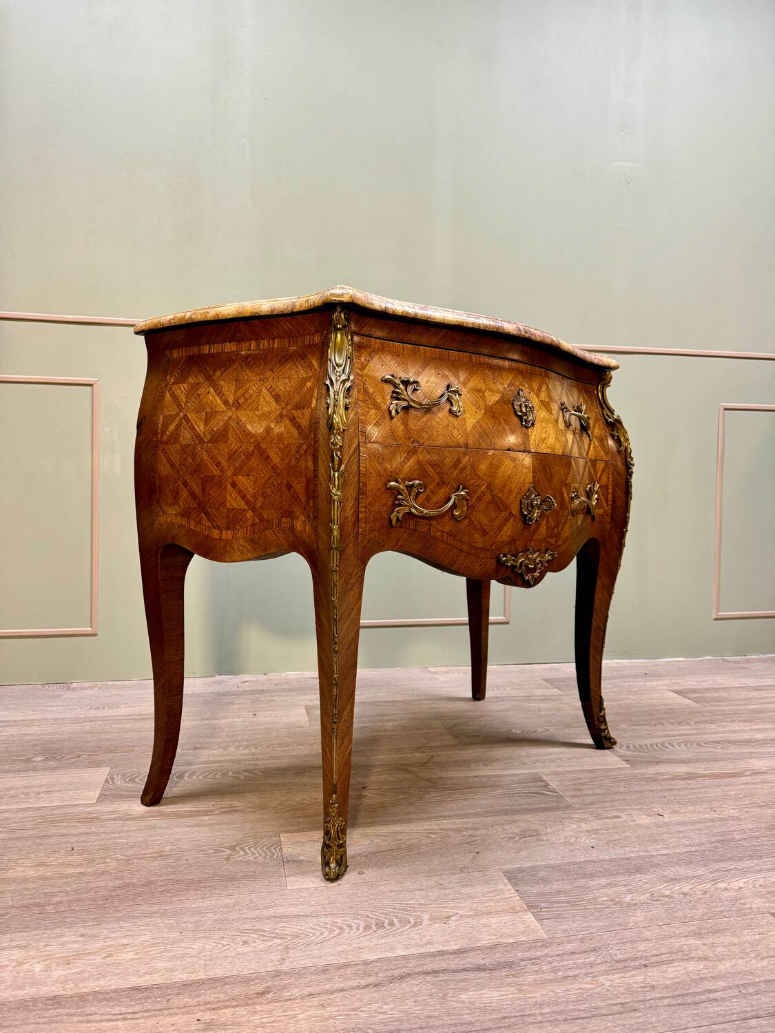 Curved sauteuse commode in stamped marquetry louis xv style xix eme century