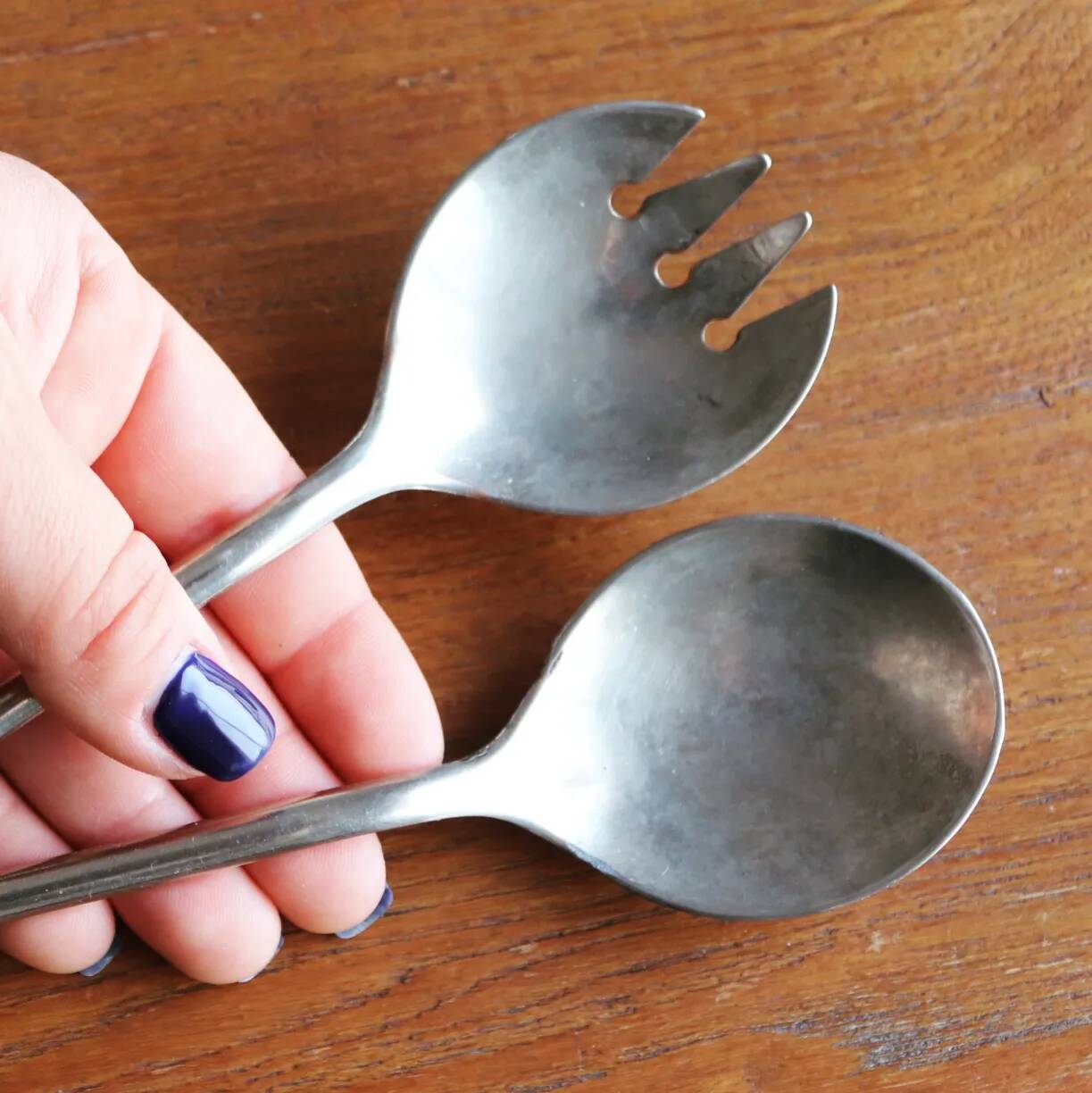 Silver salad servers, bamboo shape, vintage 1960
