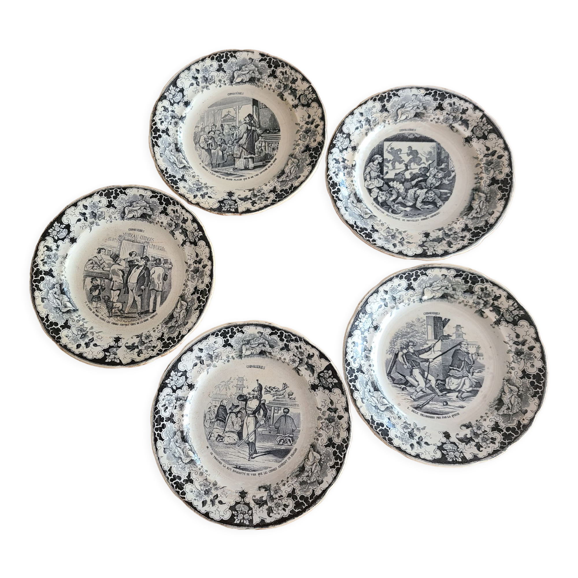 5 talking plates Choisy Le Roi XIXth series "Chinoiseries"