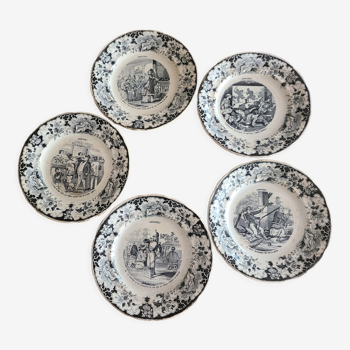 5 assiettes parlantes Choisy Le Roi XIXe série " Chinoiseries "