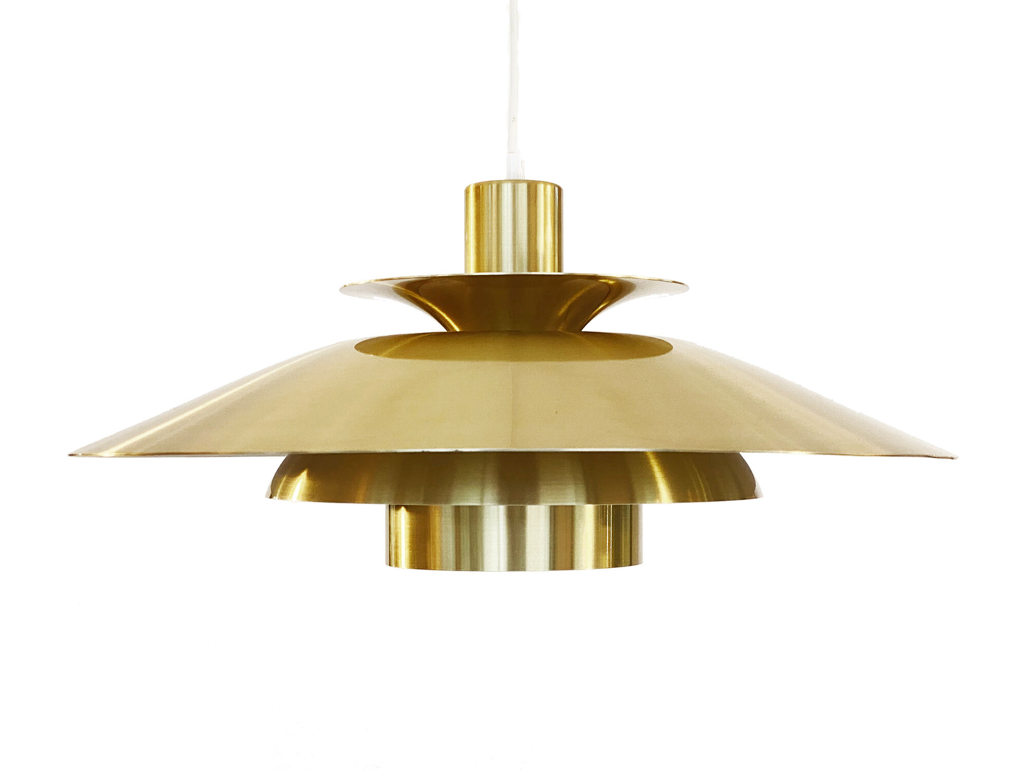 Golden colored aluminum pendant light from Frandsen Lighting. Denmark 1970s