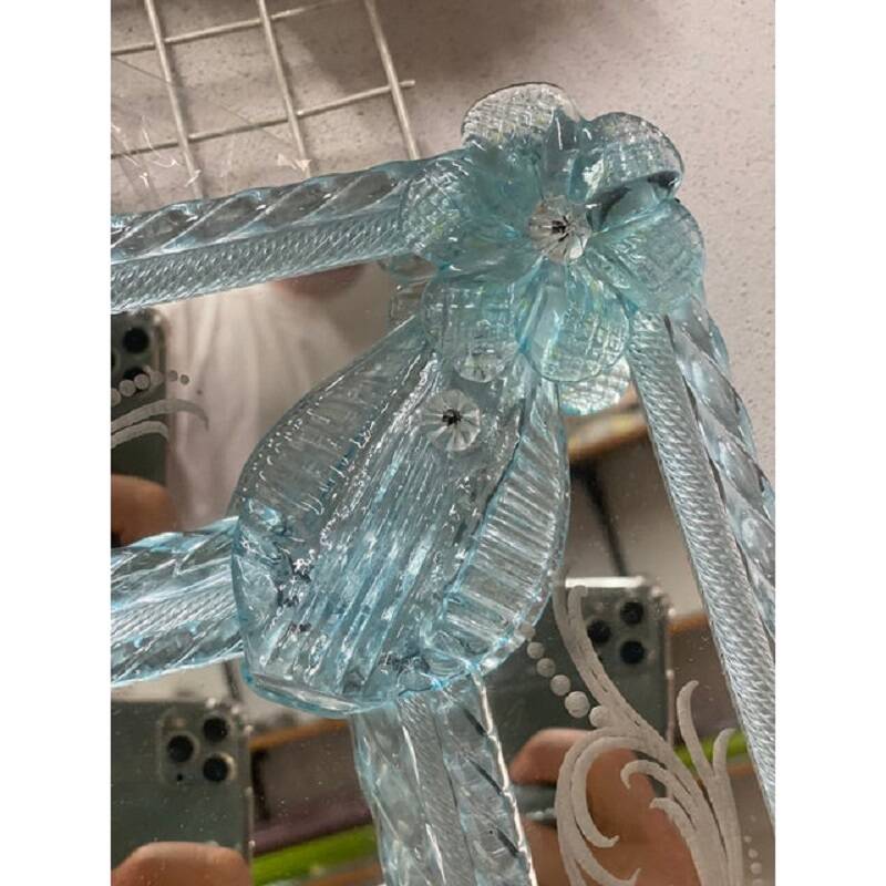 Venetian rectangular light-blue floreal hand-carving mirror in murano glass style