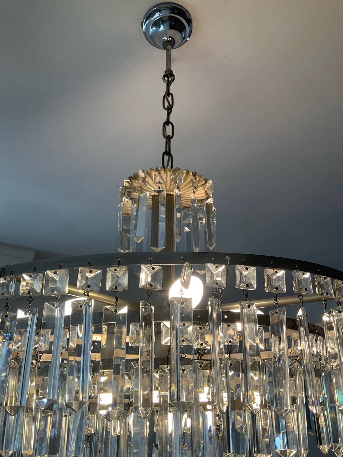 Large crystal chandelier with cascade of pendants from the 60s and 70s