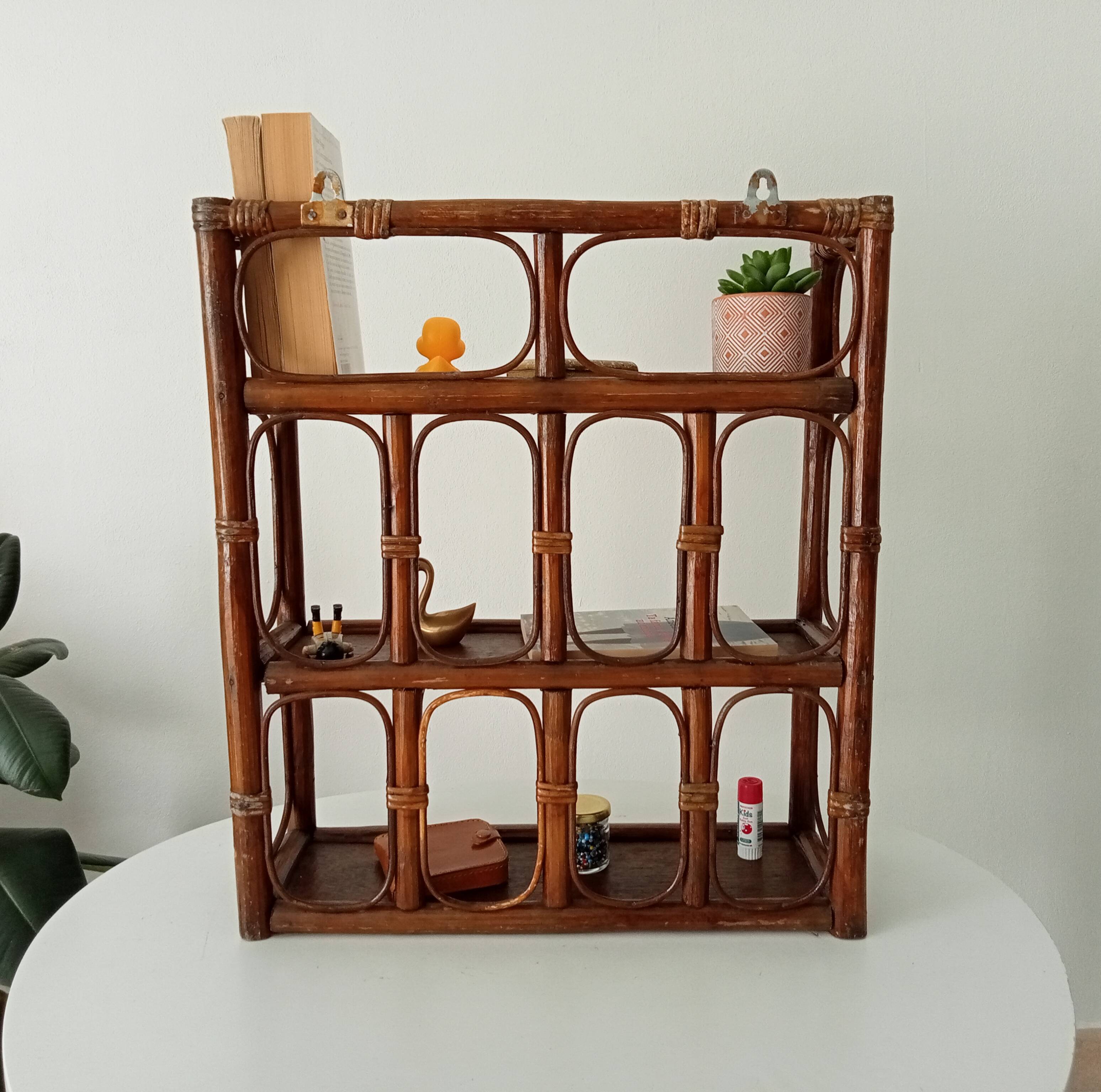 Vintage bamboo and rattan wall shelf