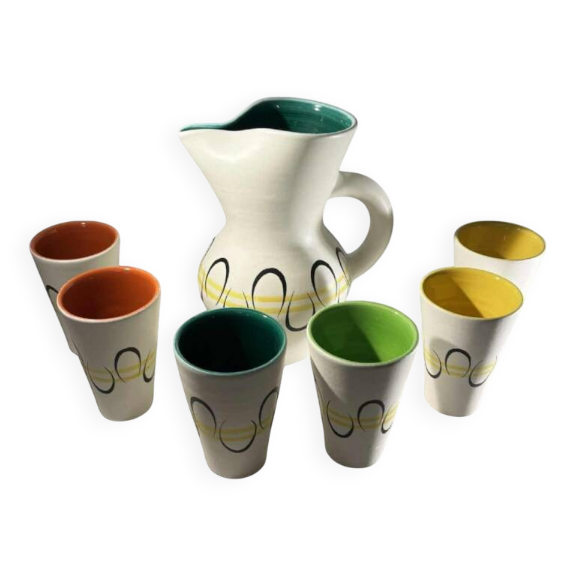 Andre baud for vallauris, ceramic jug and 6 glasses set, ca 1960