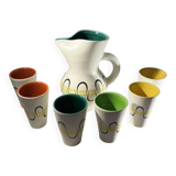 Andre baud for vallauris, ceramic jug and 6 glasses set, ca 1960