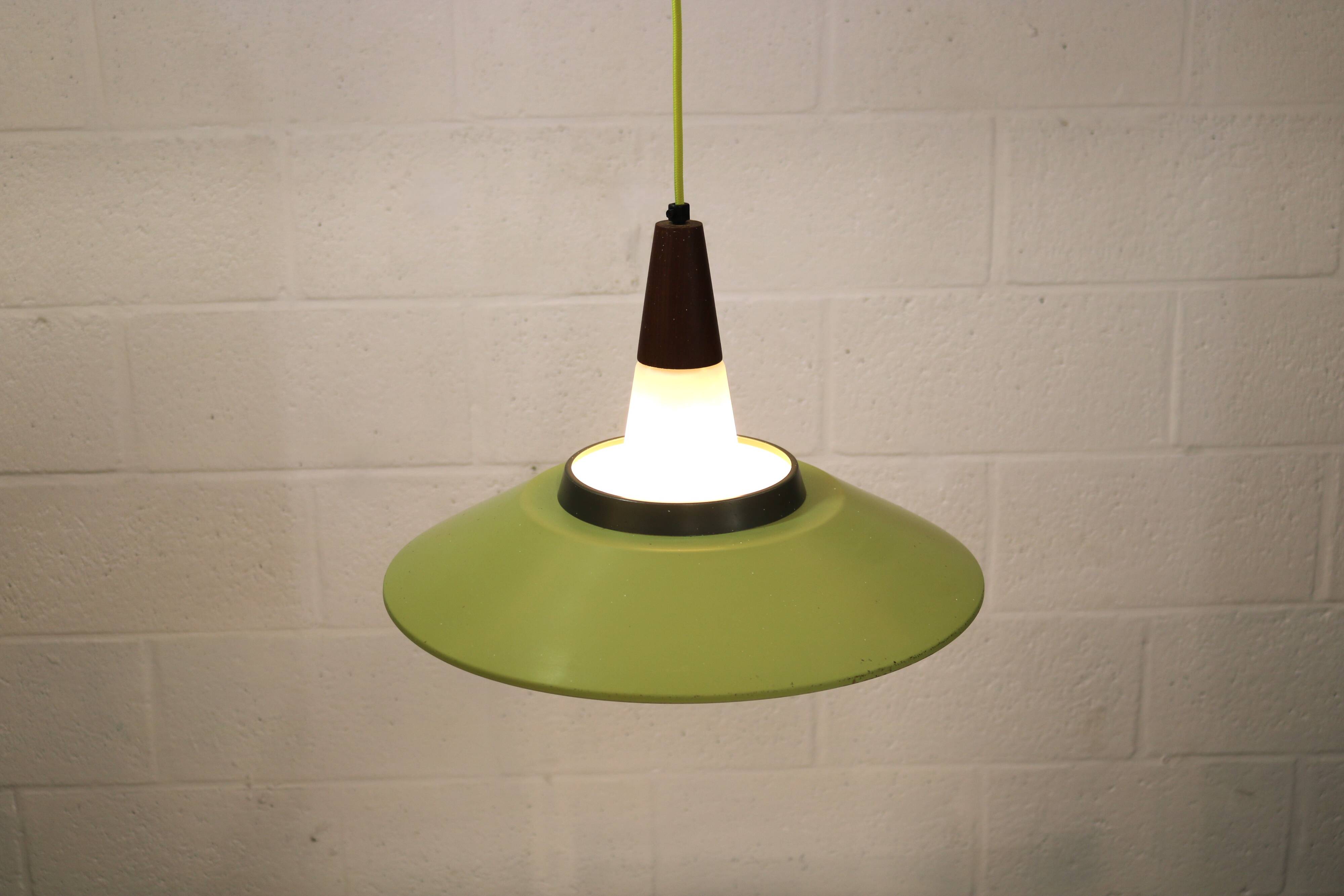 Opal glass and green aluminium shade vintage lamp by Voss Belysning - Denmark