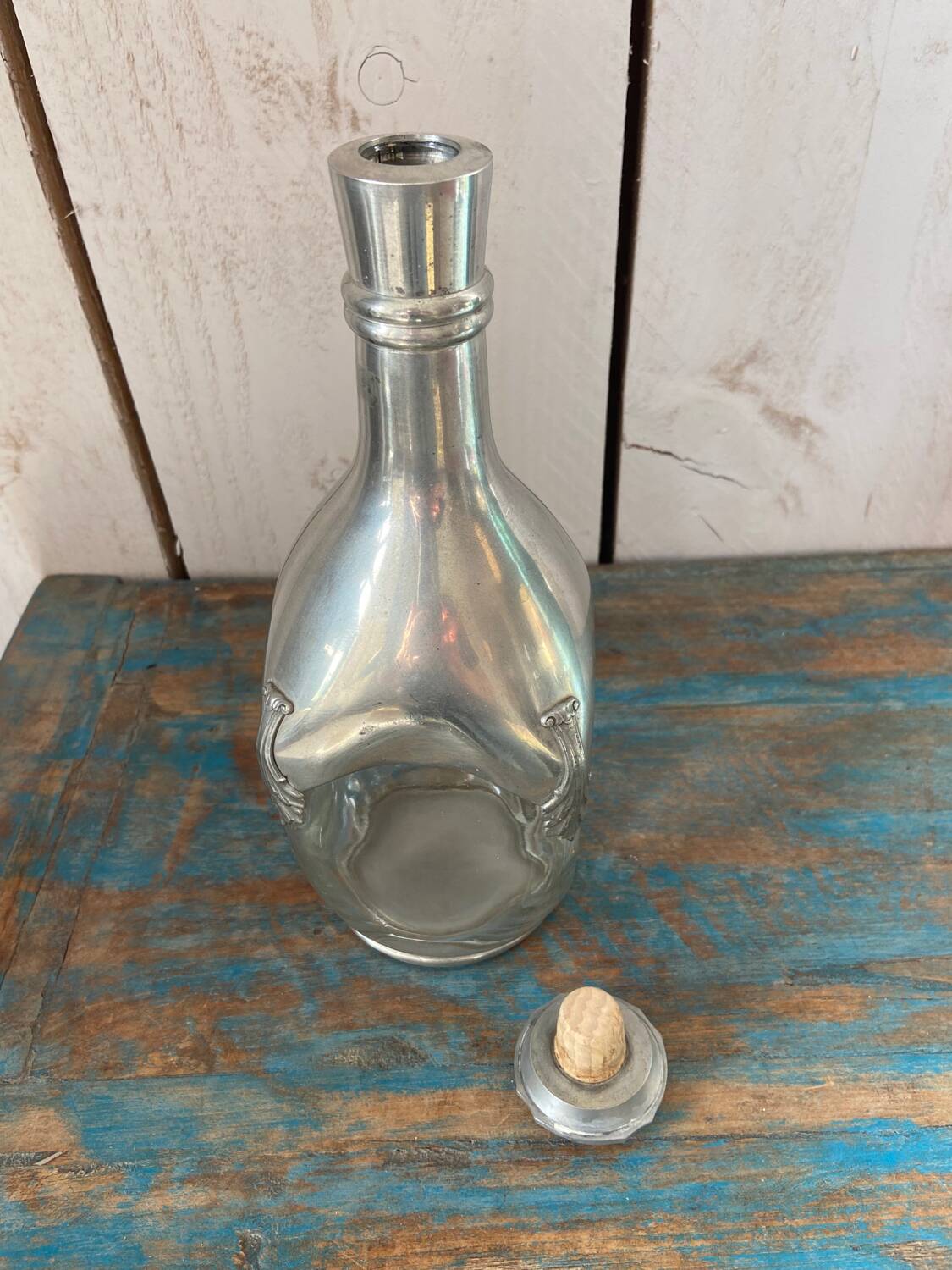 Glass and pewter whiskey decanter