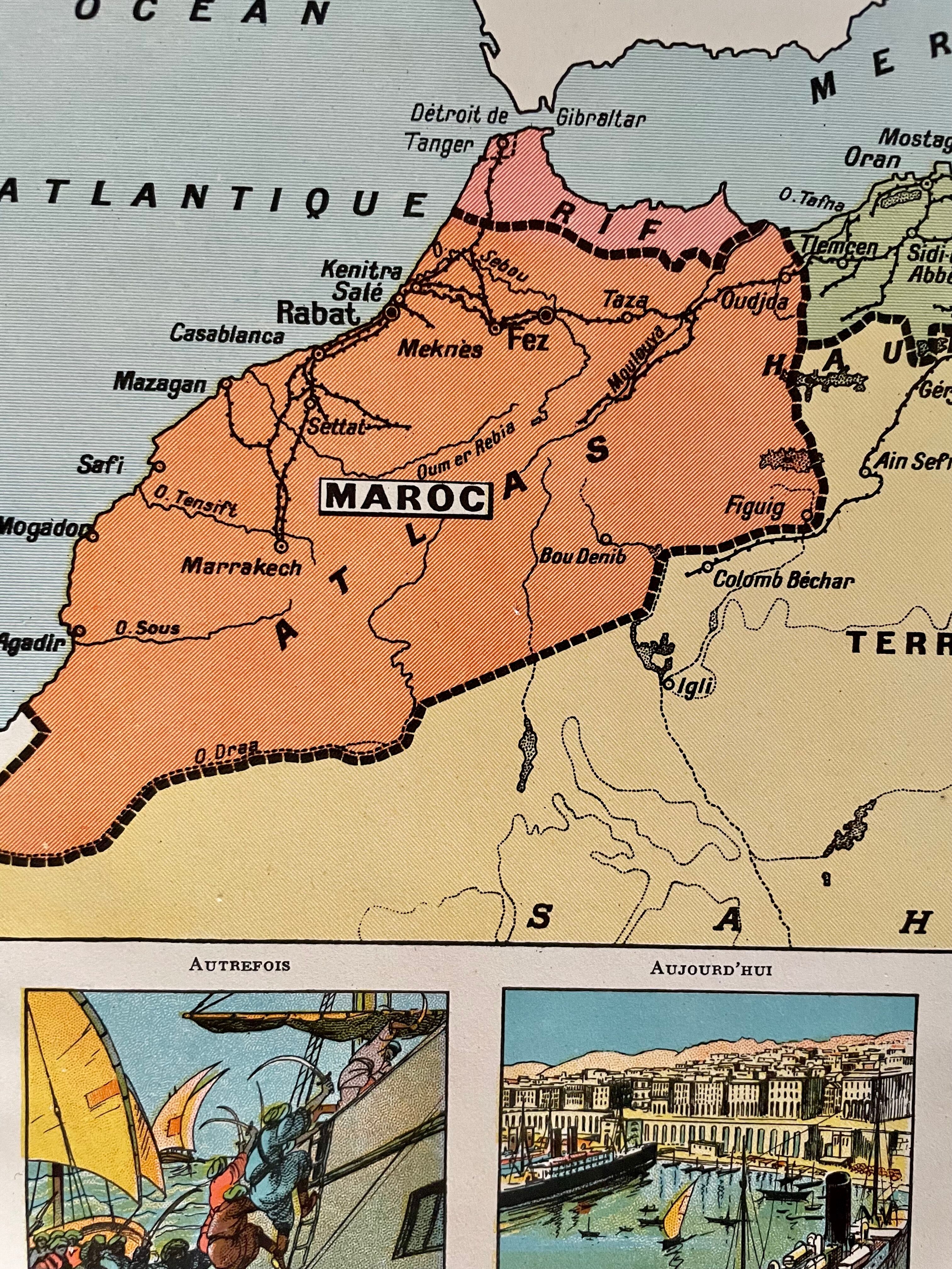 Old poster map of Algeria, Tunisia, Morocco - 1930