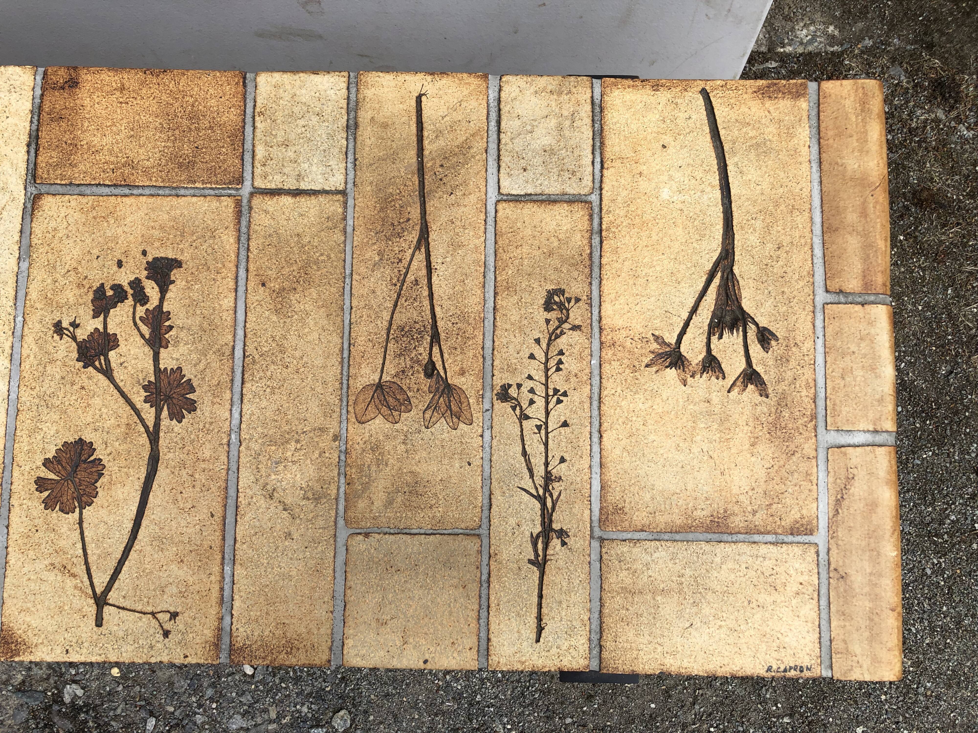 Vintage ceramic coffee table with herbarium decorations by Roger Capron, solid beech base.