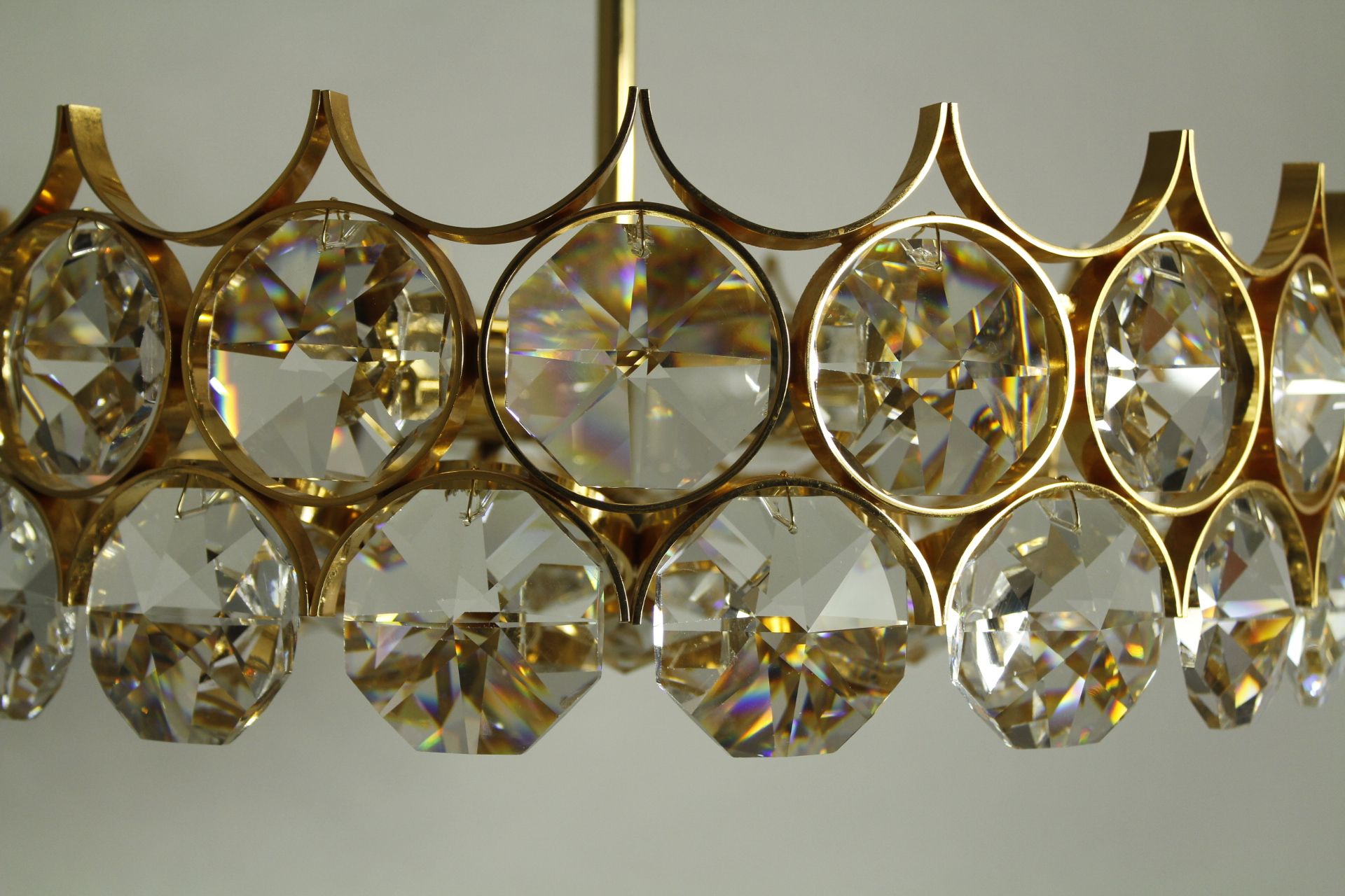 1970s Palwa Chandelier, gold plate and faceted crystals