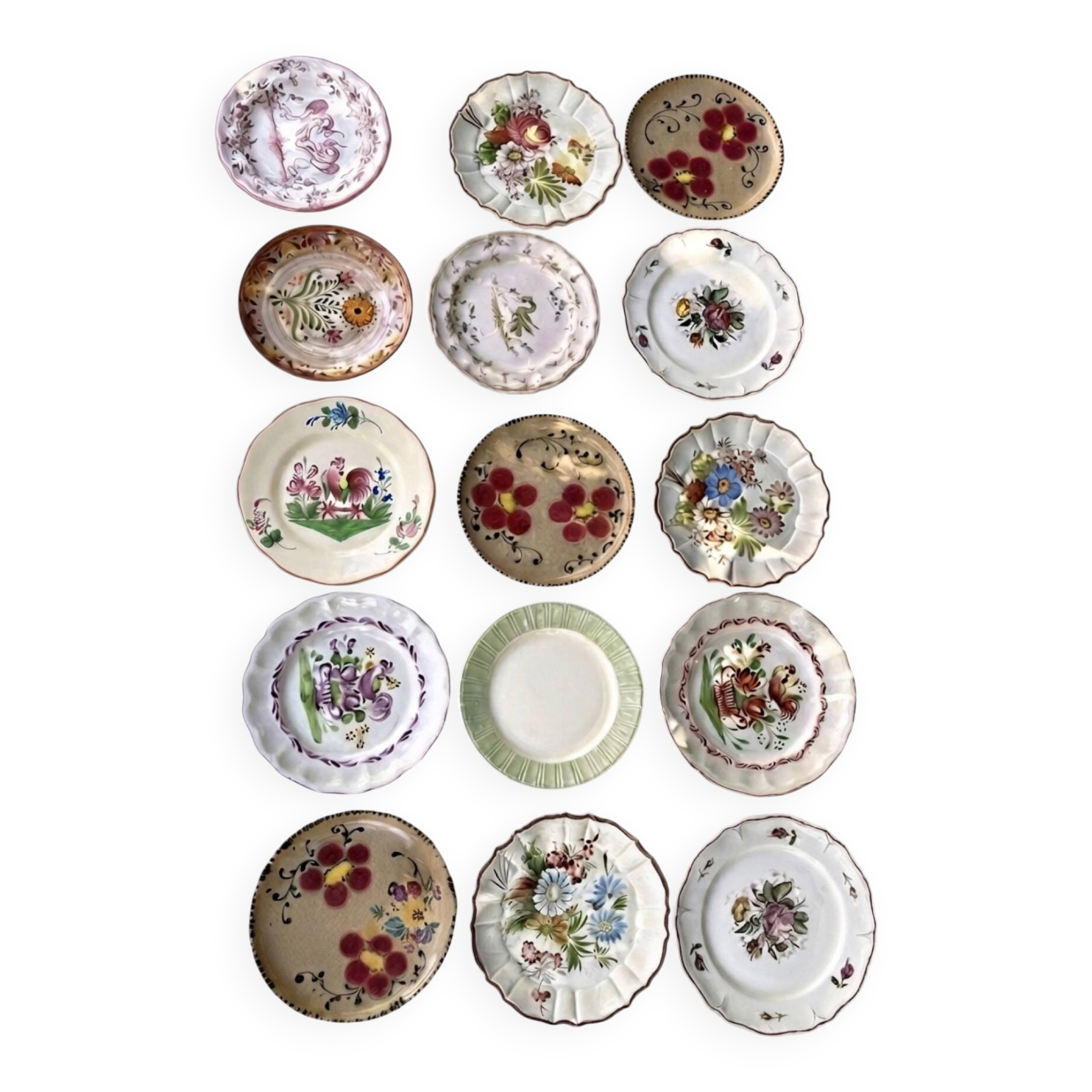 Exceptional set of 15 large mismatched plates.