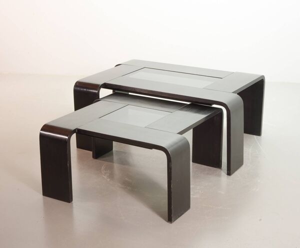 Table basse rectangulaire en contreplaqué laqué noir avec panneau en verre fumé, années 70