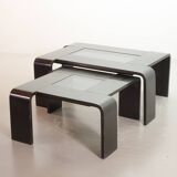 Rectangle Black Lacquered Plywood Coffee Table with Smoked Glass Panel 70s