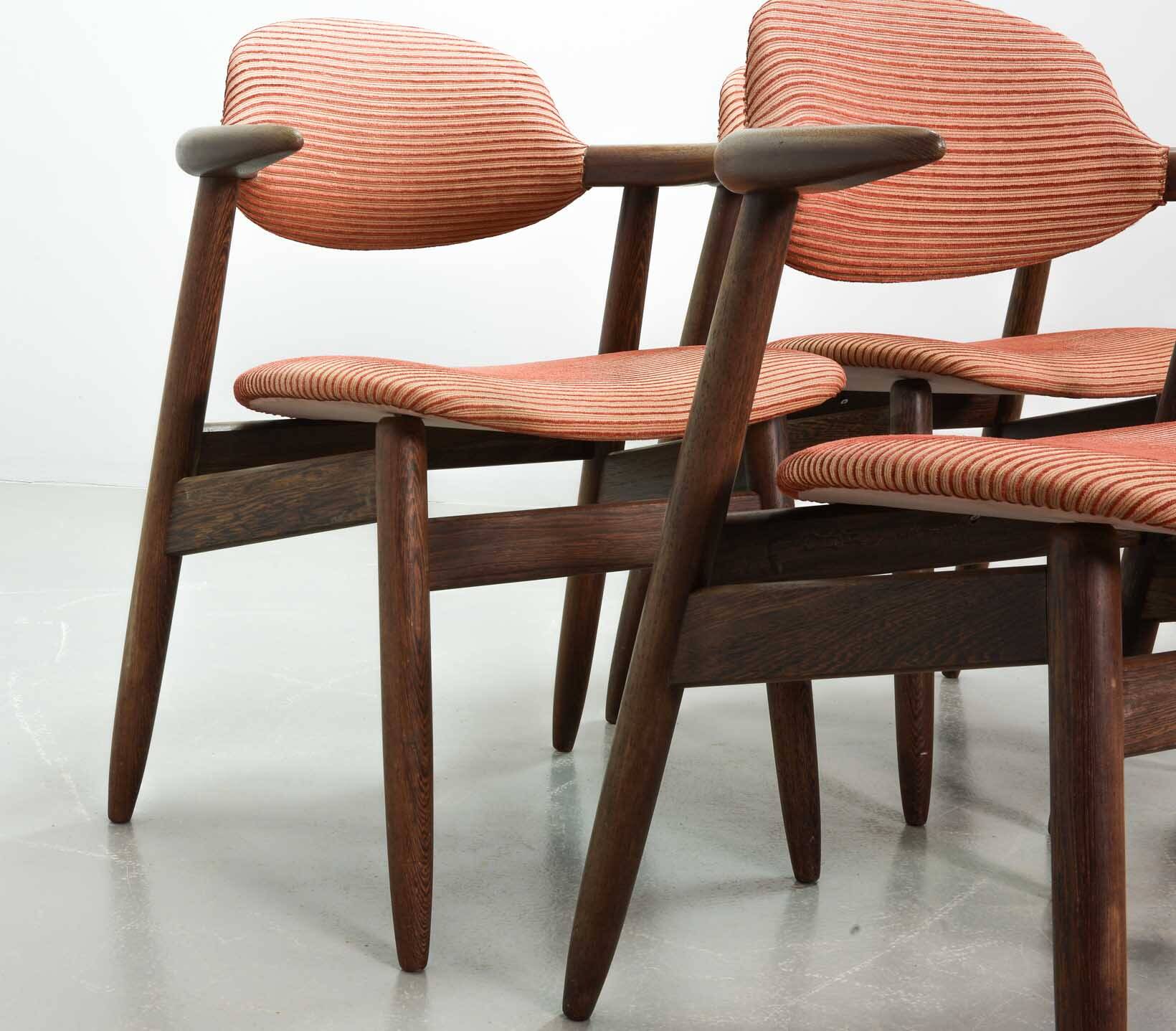 4 Wenge Cowhorn Tijsseling Dining Chairs with Stone Red Fabric, Hulmefa 60s