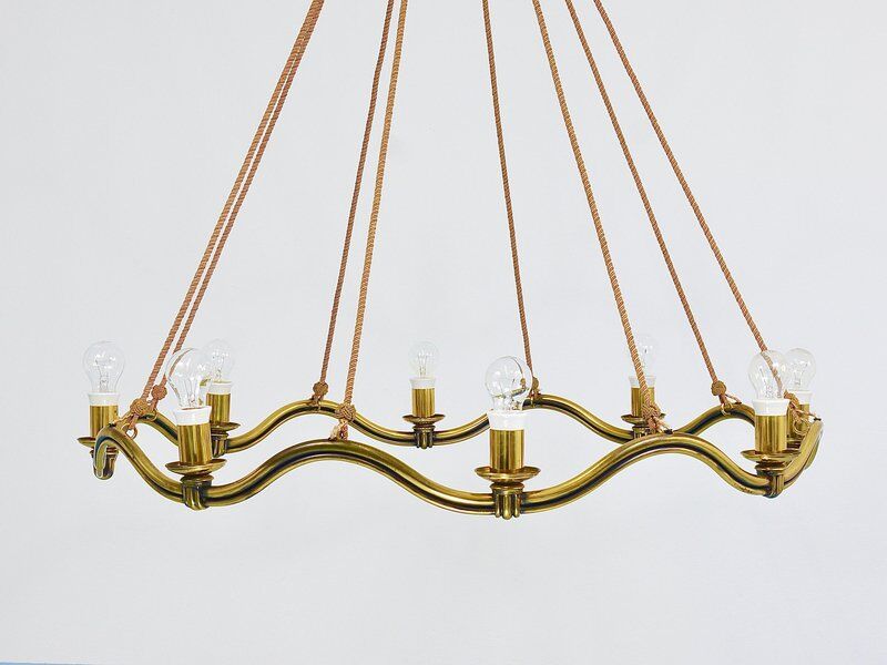 Large Viennese Modernism curved brass wave chandelier by Hugo Gorge, 1940s