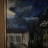 Huile sur panneau par Mick représentant une rue la nuit 1965