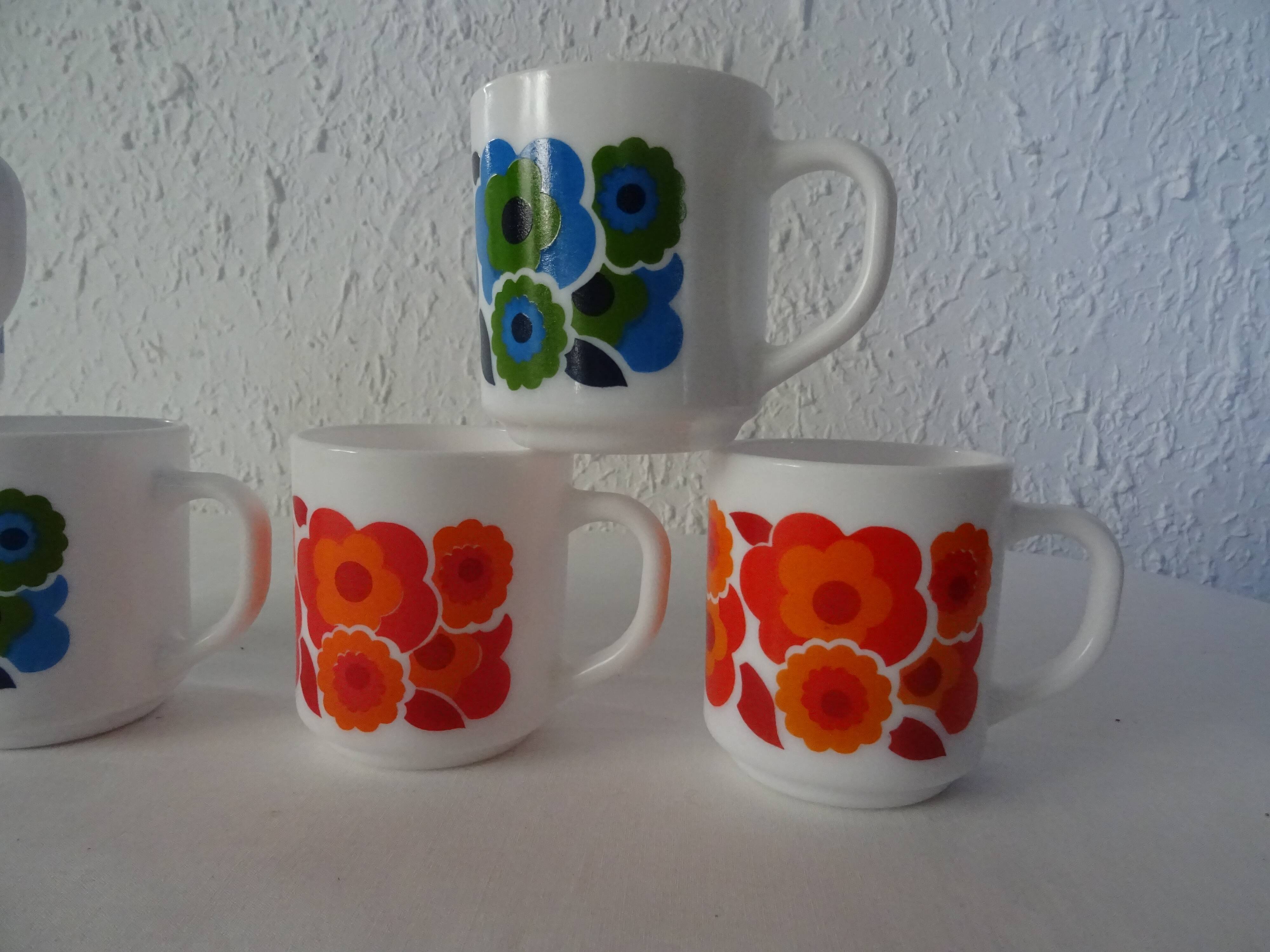 6 MUGS vintage flowers LOTUS 562112 Arcopal FRANCE orange blue