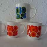 6 MUGS vintage flowers LOTUS 562112 Arcopal FRANCE orange blue