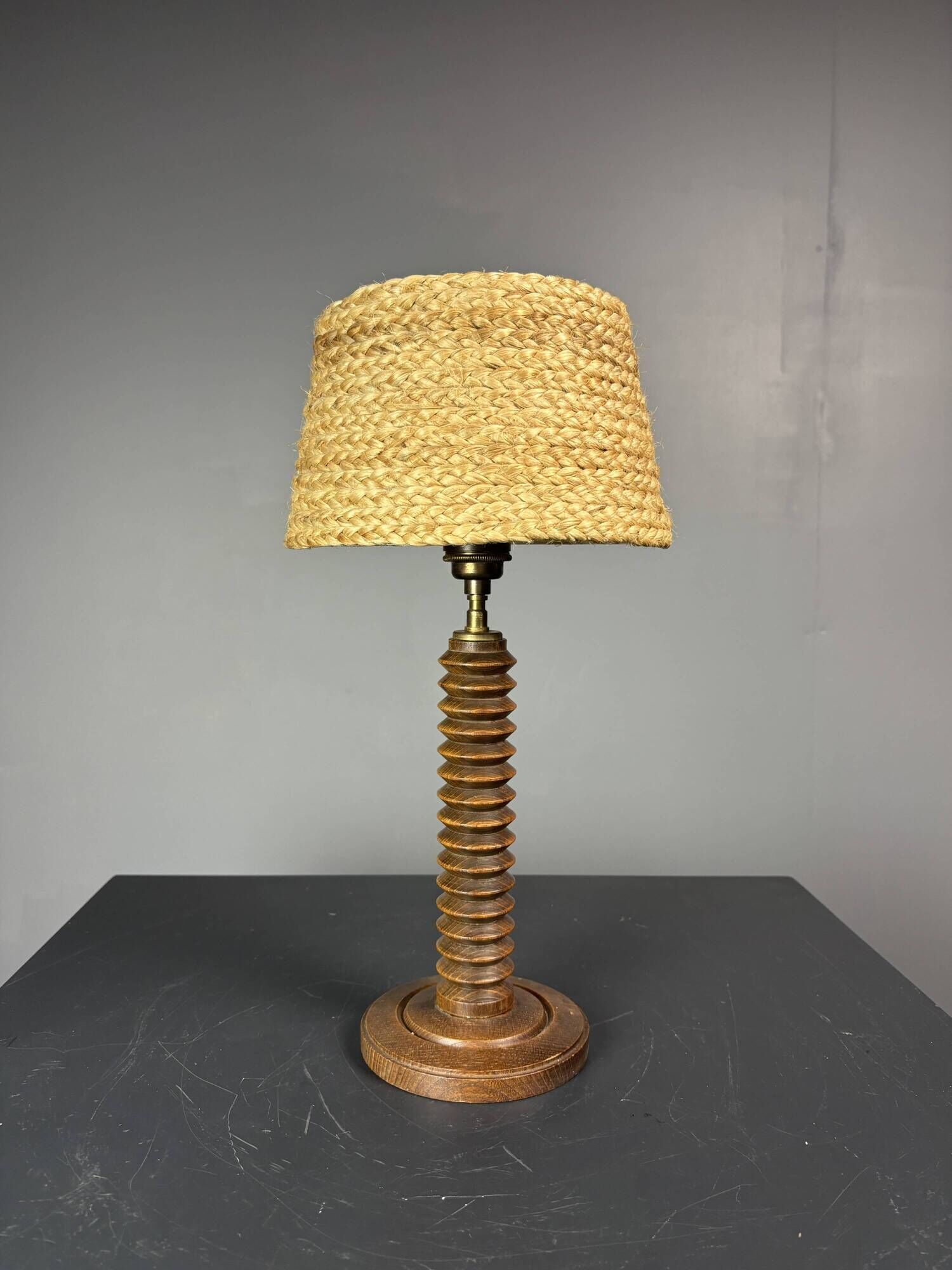Midcentury French brutalist wood turned table lamp, Charles Dudouyt style