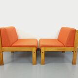 Set of 2 vintage Baumann armchairs in orange fabric and wood from the 80s