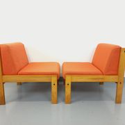 Set of 2 vintage Baumann armchairs in orange fabric and wood from the 80s