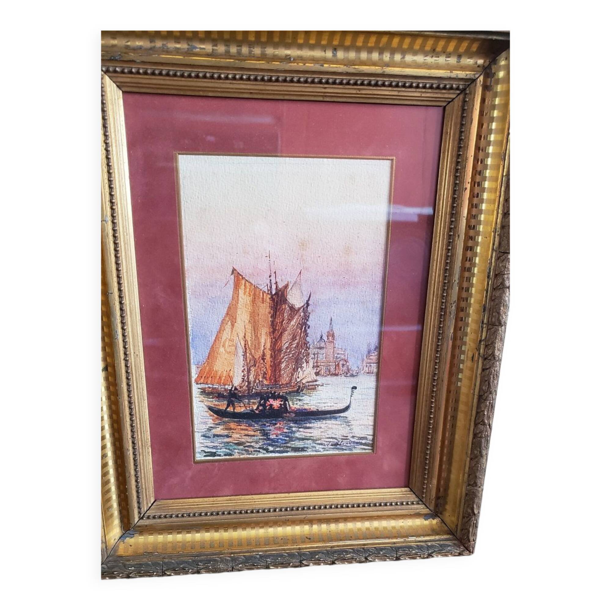 Watercolor painting "Gondola in Venice" by Alfred Justin Blondeau (XIXth).