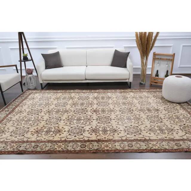 Vintage Turkish Hand-Knotted Wool Cotton Beige Area Rug 202x322